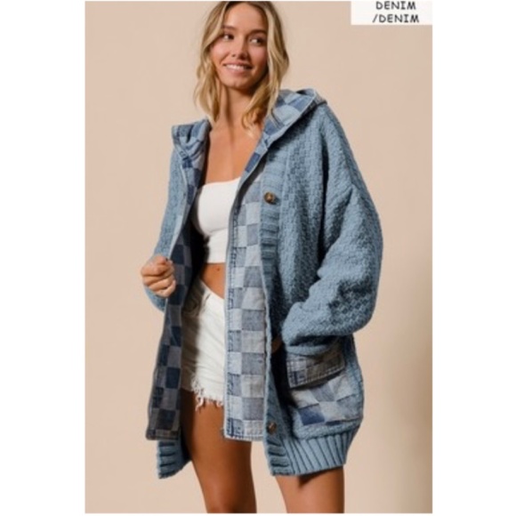 Jackets & Blazers - Cozy Checkered Plaid Denim Mixed Fabric Knit Cardigan Jacket Shacket
